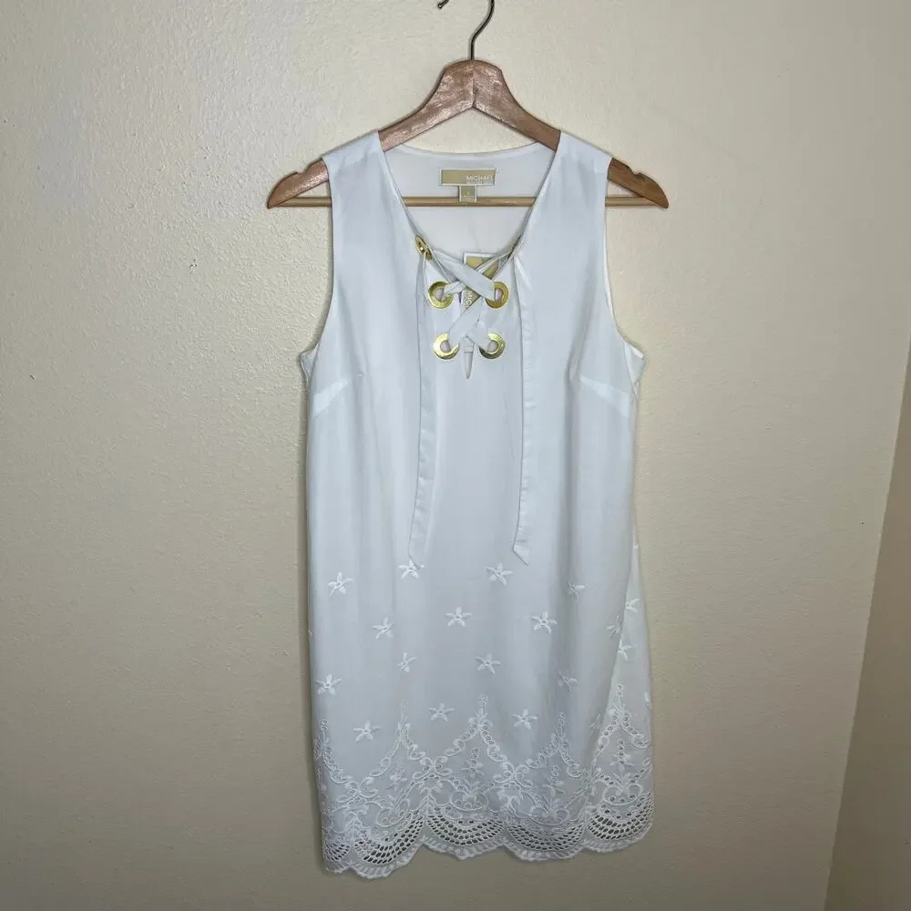 Michael Kors 100% Cotton White Sleeveless Embroidered Dress 2